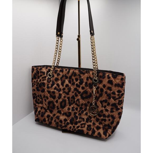 Michael Kors Brown Leopard Print Satin Leather Tote Quilted Academia Chic 36-12 - Picture 3 of 16